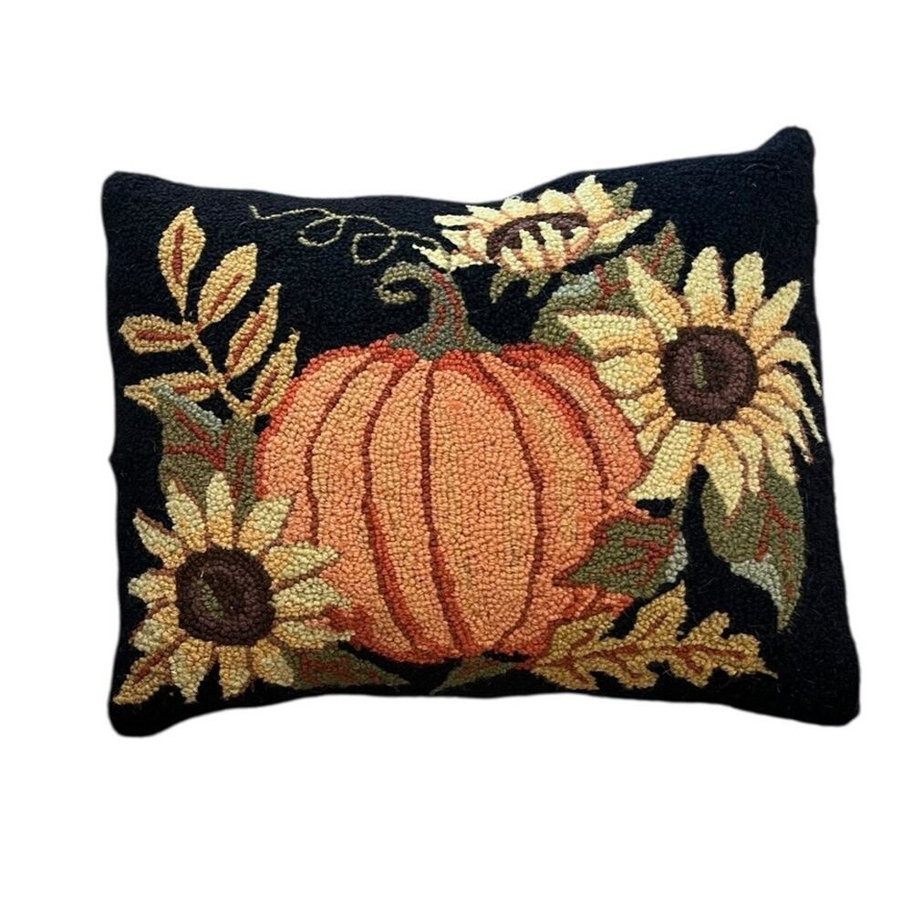 Pillow Pumpkin Hooked Wool 16x20”Black Background Harvest Sunflower Fall